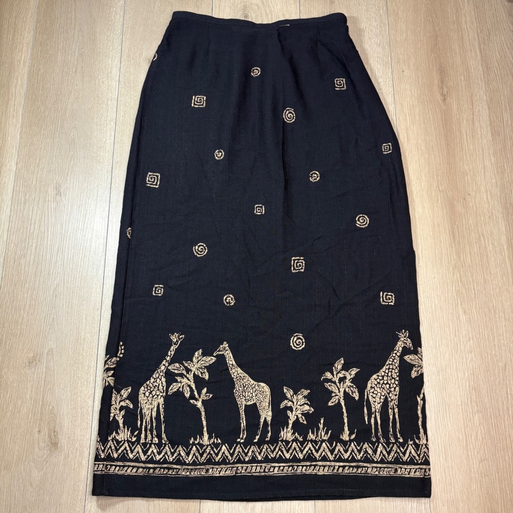 Alfred Dunner Vintage Black Giraffe Safari Maxi Skirt Womens 12 Made in USA